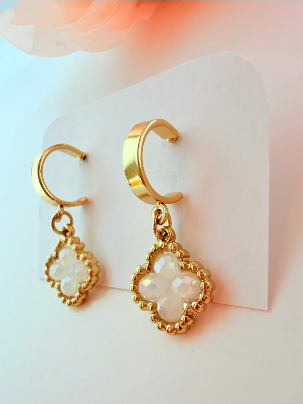 Gold Clover Drop Earrings with Opalescent Stones